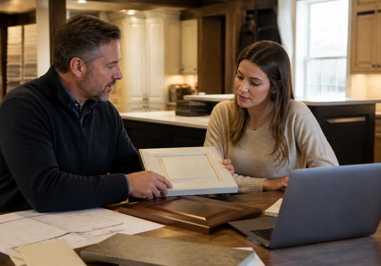 Designer and contractor reviewing a project